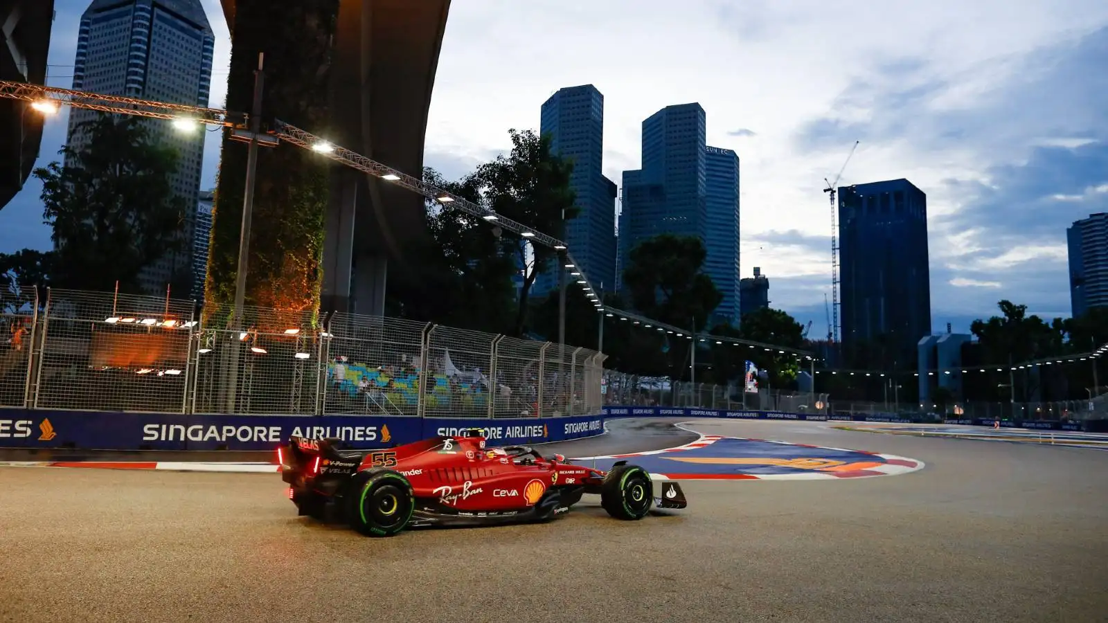 Ferrari in front of Singapore skyline. Yas Marina October 2022.