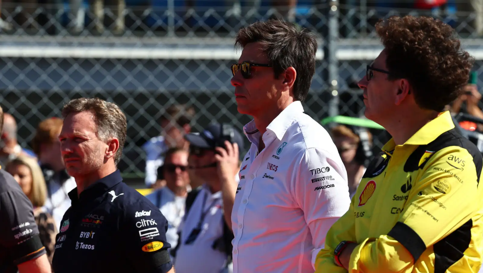 Christian Horner , Mercedes team boss Toto Wolff and Mattia Binotto on the grid. Monza September 2022