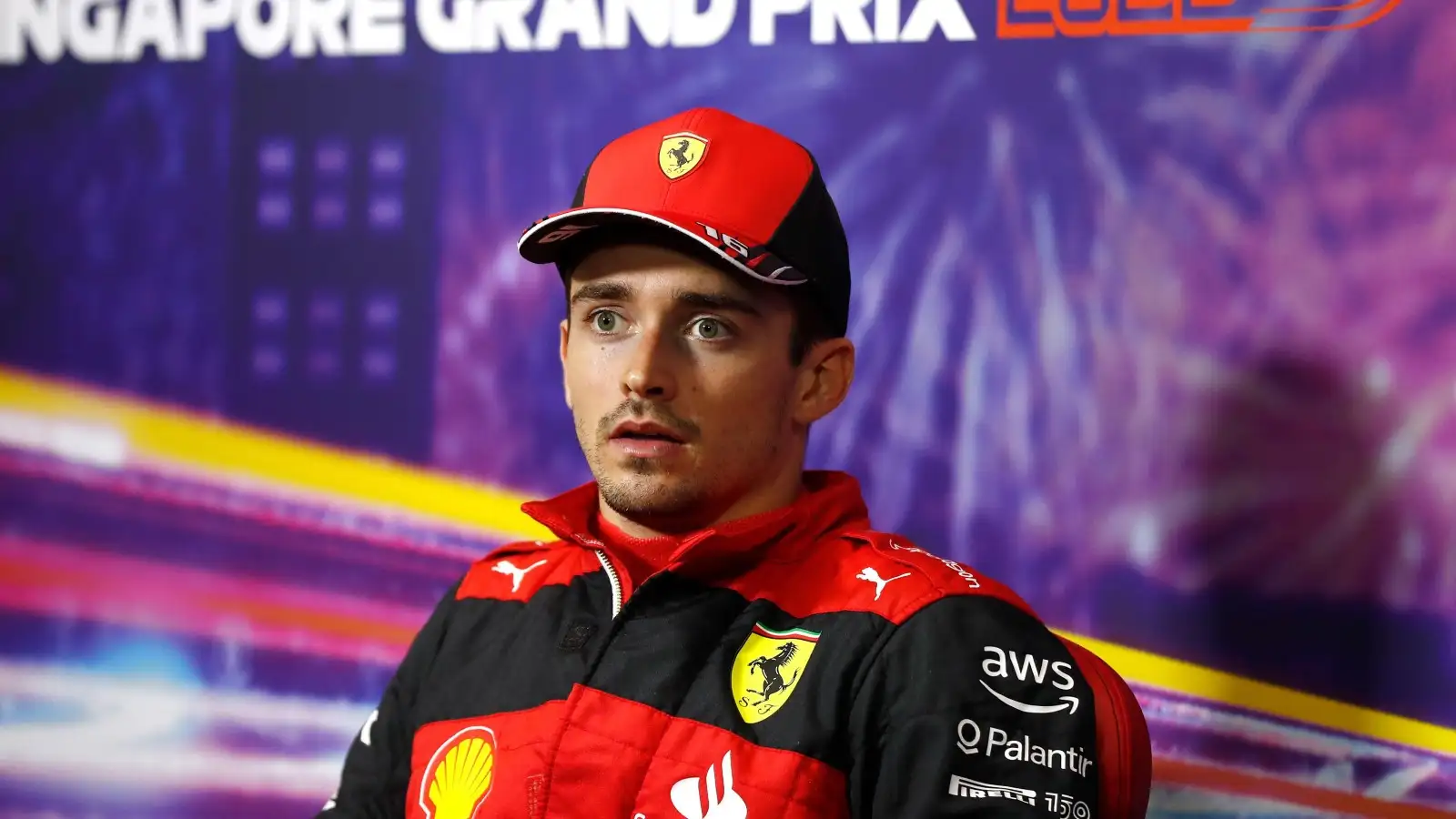 Charles Leclerc, Ferrari, looking a bit shocked. Singapore, October 2022.