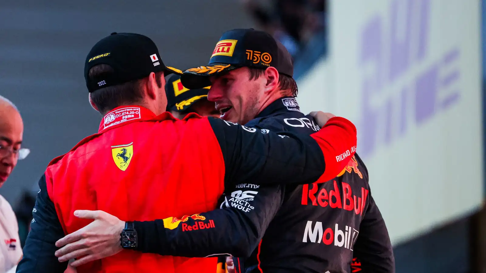 Charles Leclerc congratulates 2022 F1 World Champion Max Verstappen. Japan October 2022