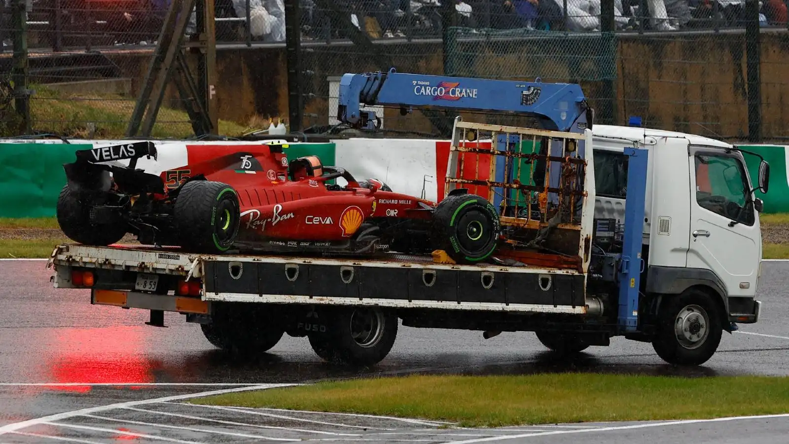 Carlos Sainz's Ferrari on a recovery truck. Suzuka October 2022.