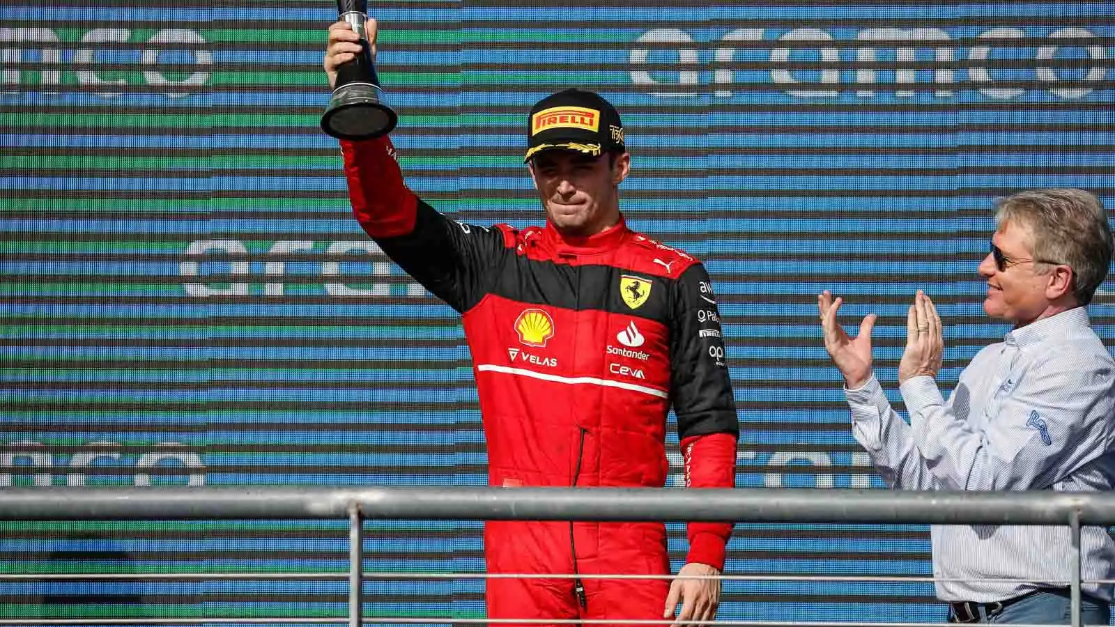 Ferrari driver Charles Leclerc on the podium. Austin October 2022.