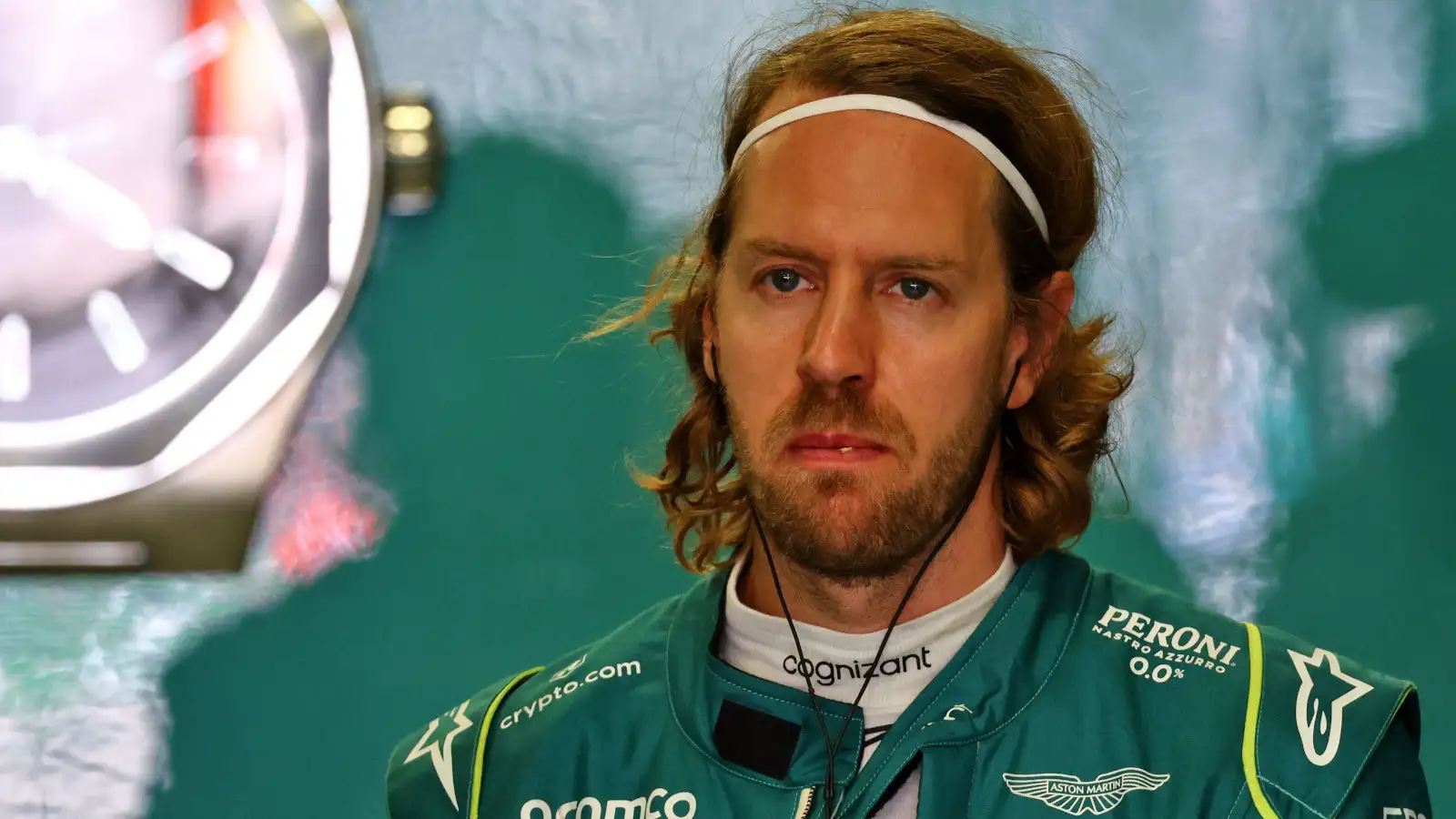 Sebastian Vettel in the Aston Martin garage looking glum. Mexico October 2022