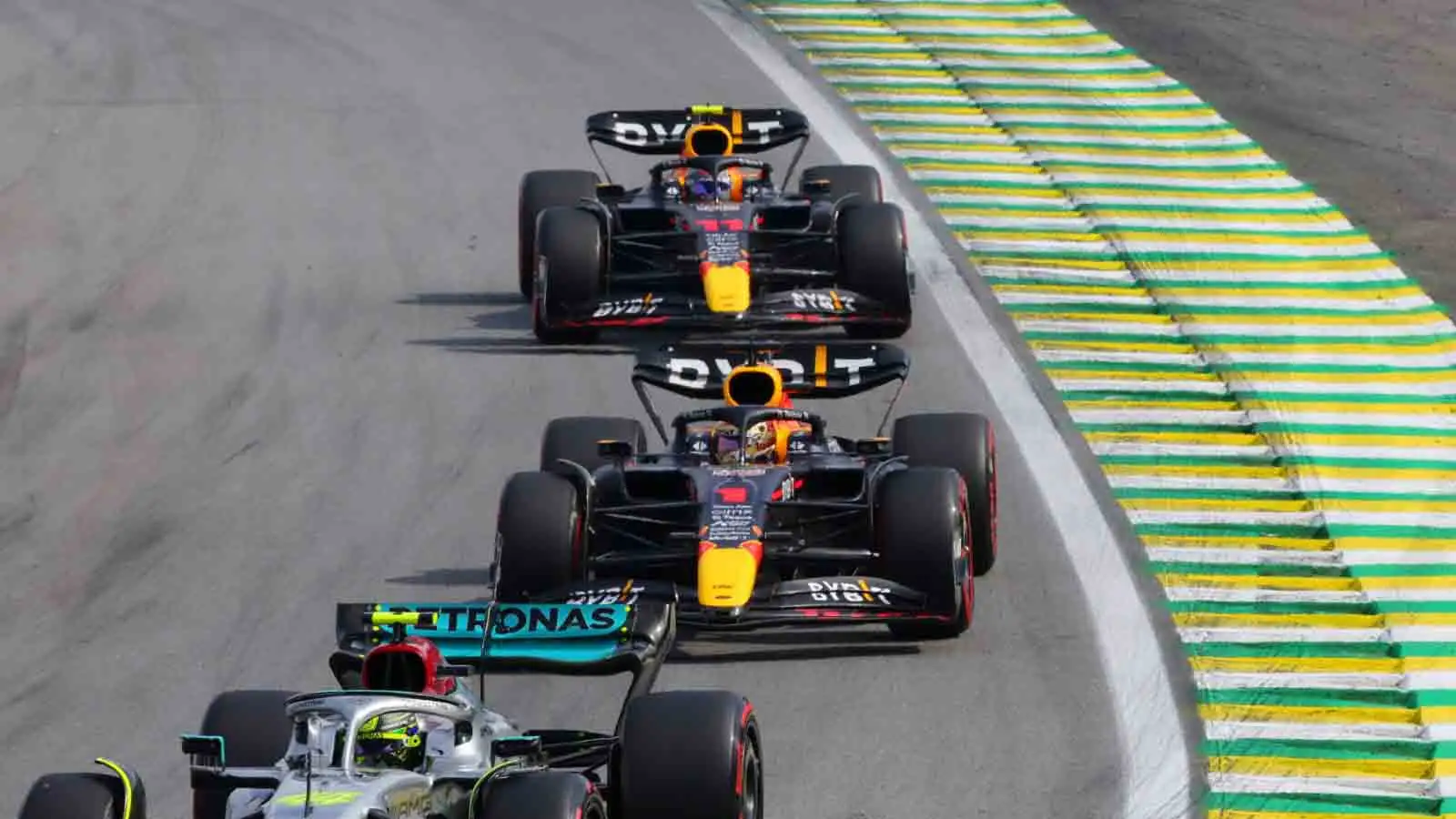 Sergio Perez follows Max Verstappen. Sao Paulo November 2022.