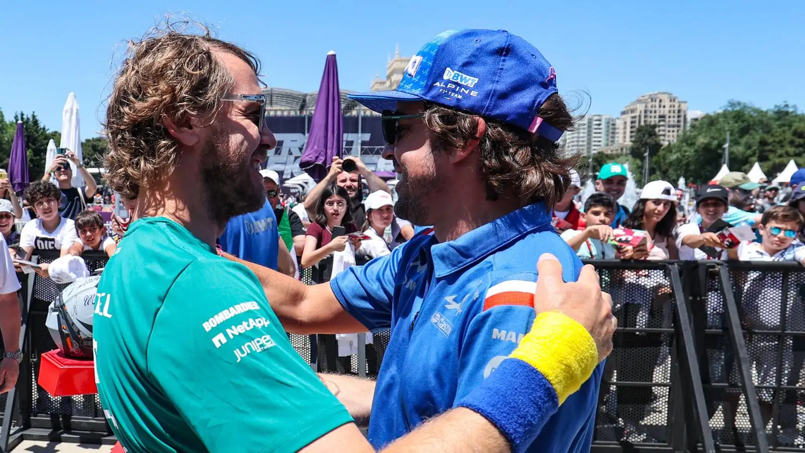 Sebastian Vettel, Aston Martin and Fernando Alonso, Alpine, embrace. Azerbaijan, June 2022.