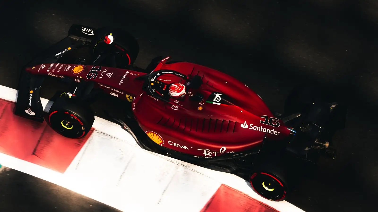 Charles Leclerc driving the Ferrari from above. Abu Dhabi, November 2022.