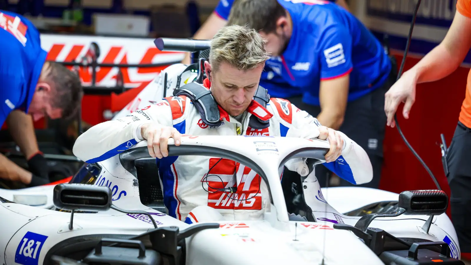 Nico Hulkenberg climbs out of the Haas. Abu Dhabi November 2022