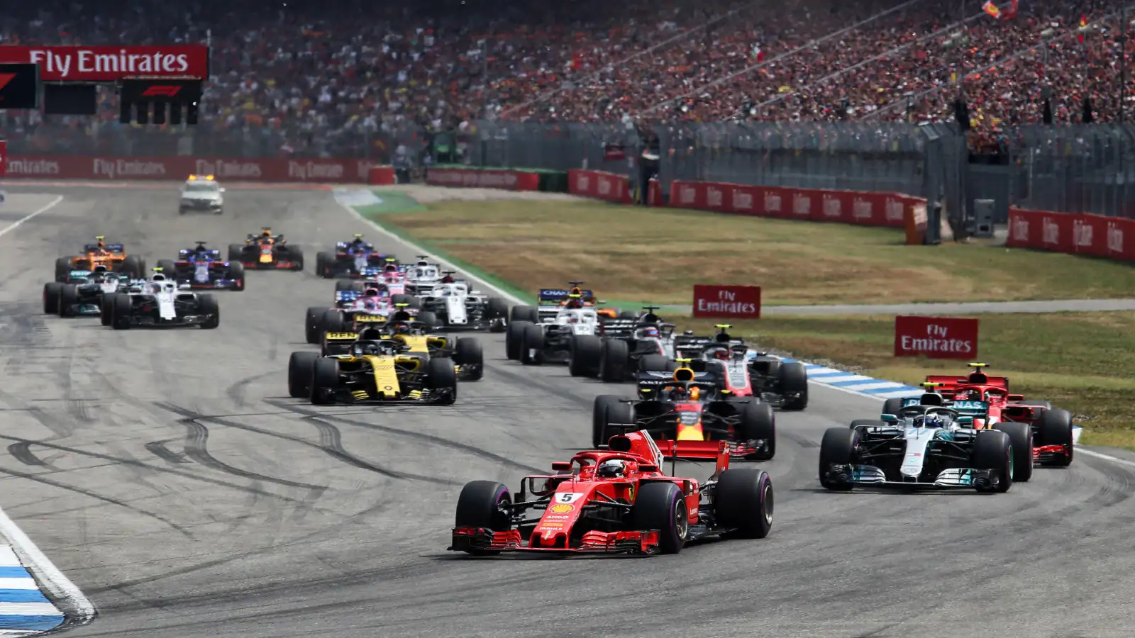 Ferrari's Sebastian Vettel leads the 2018 German Grand Prix. Hockenheim, Germany July 2018.