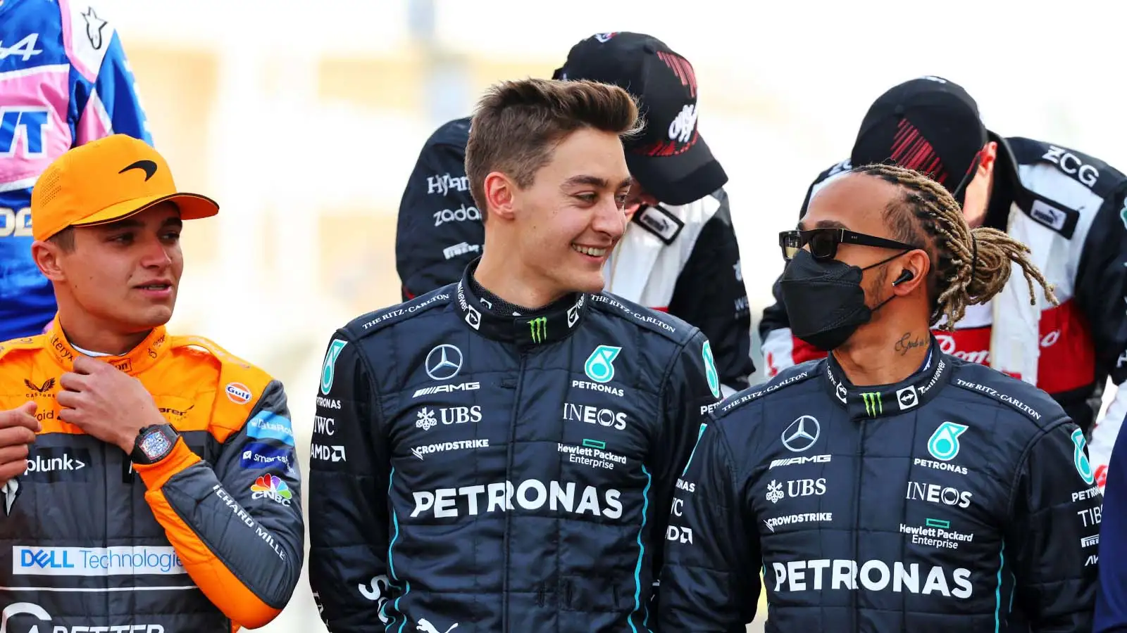 Lando Norris with George Russell and Lewis Hamilton. Bahrain March 2022.