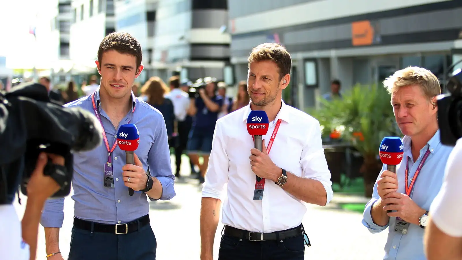 Paul Di Resta, Jenson Button and Simon Lazenby appearing for Sky. Sochi, September 2019.