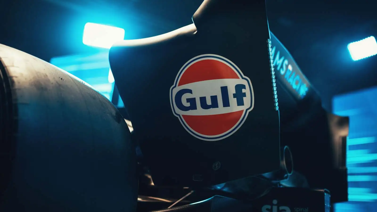 Gulf Oil logo on Williams rear wing. February 2023.