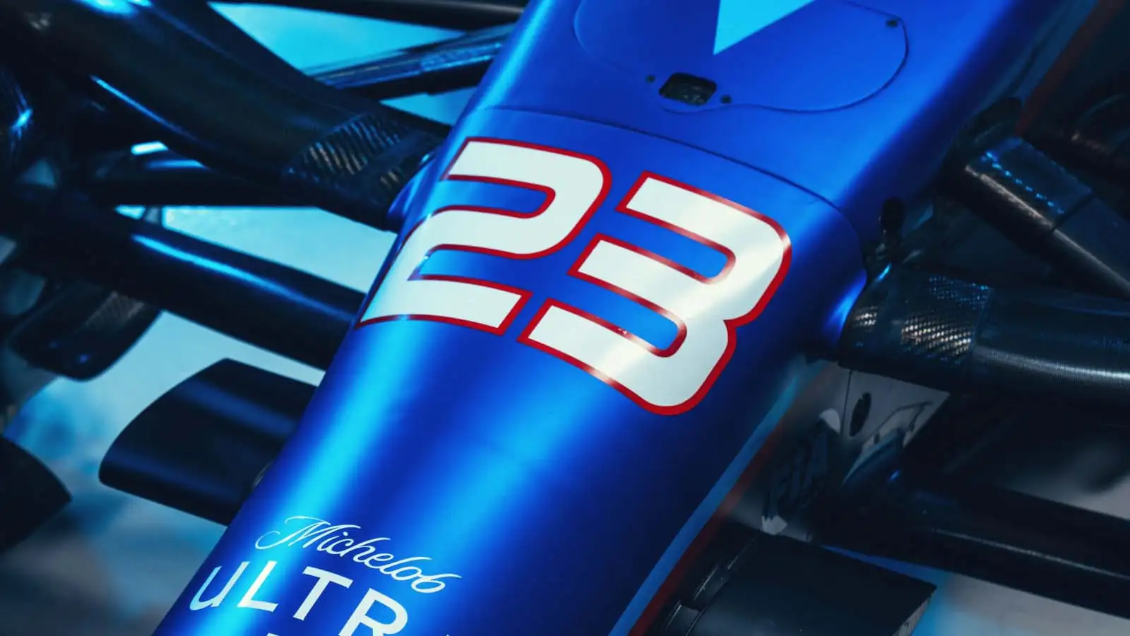 The race number of Alex Albon on the Williams FW45. February 2023.