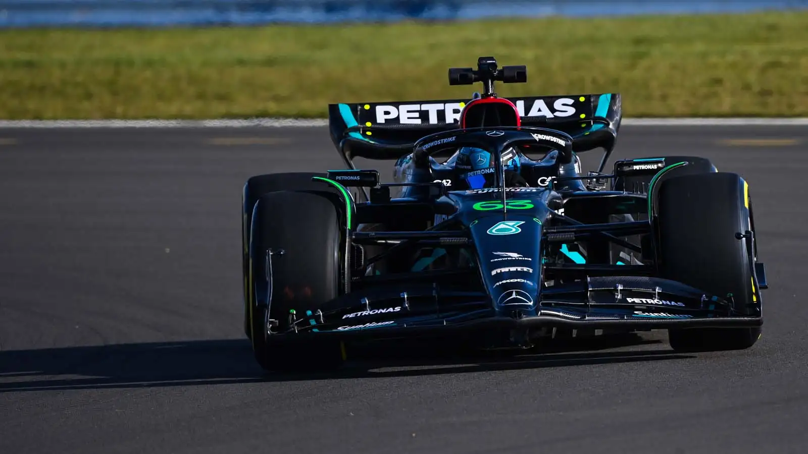 George Russell in the Mercedes W14 Formula 1 car. Silverstone February 2023.