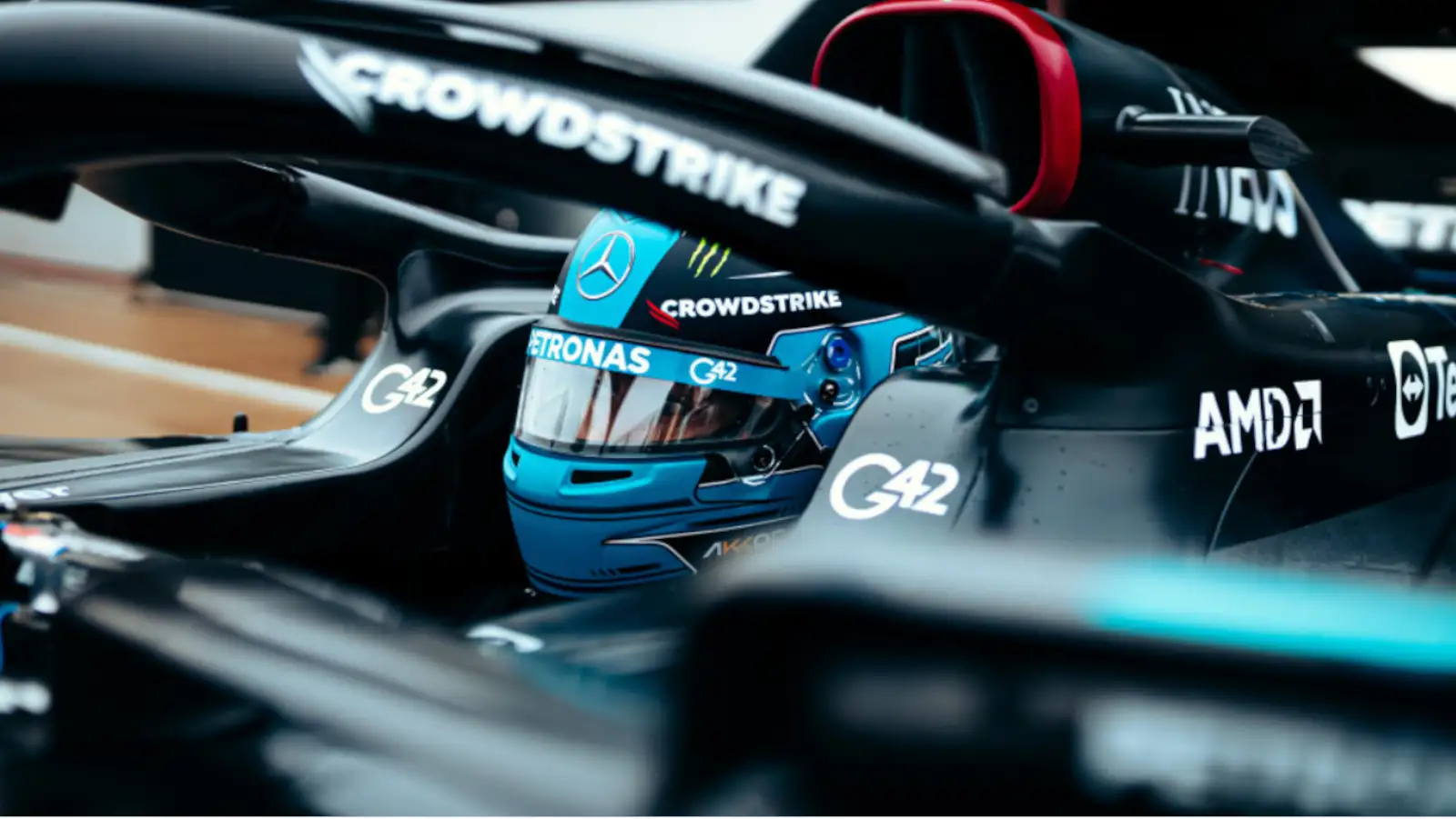 George Russell sat in the Mercedes W14. England, February 2023.