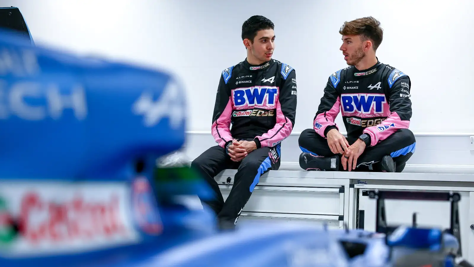 Esteban Ocon and Pierre Gasly sat next to the A523. February 2023.
