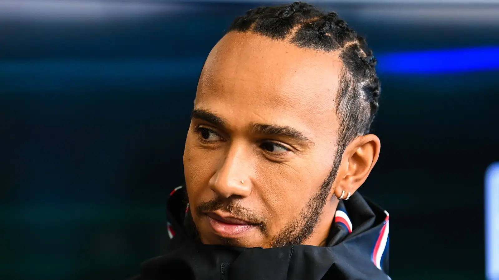 Lewis Hamilton with a coat on. Silverstone, February 2023.