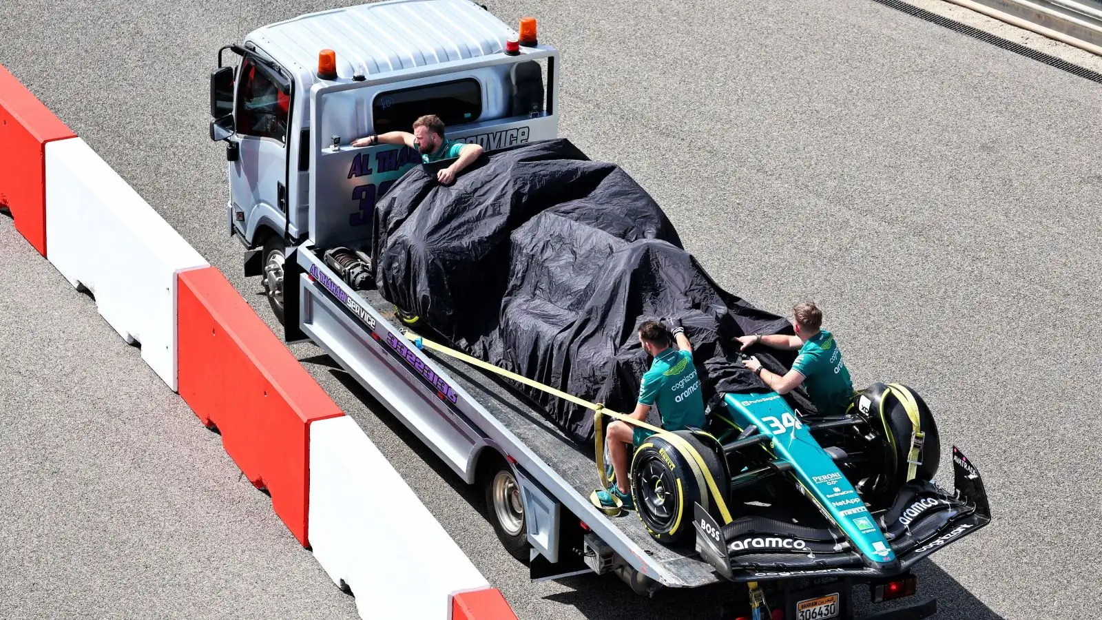 Aston Martin AMR23 on recovery truck. Bahrain, February 2023.