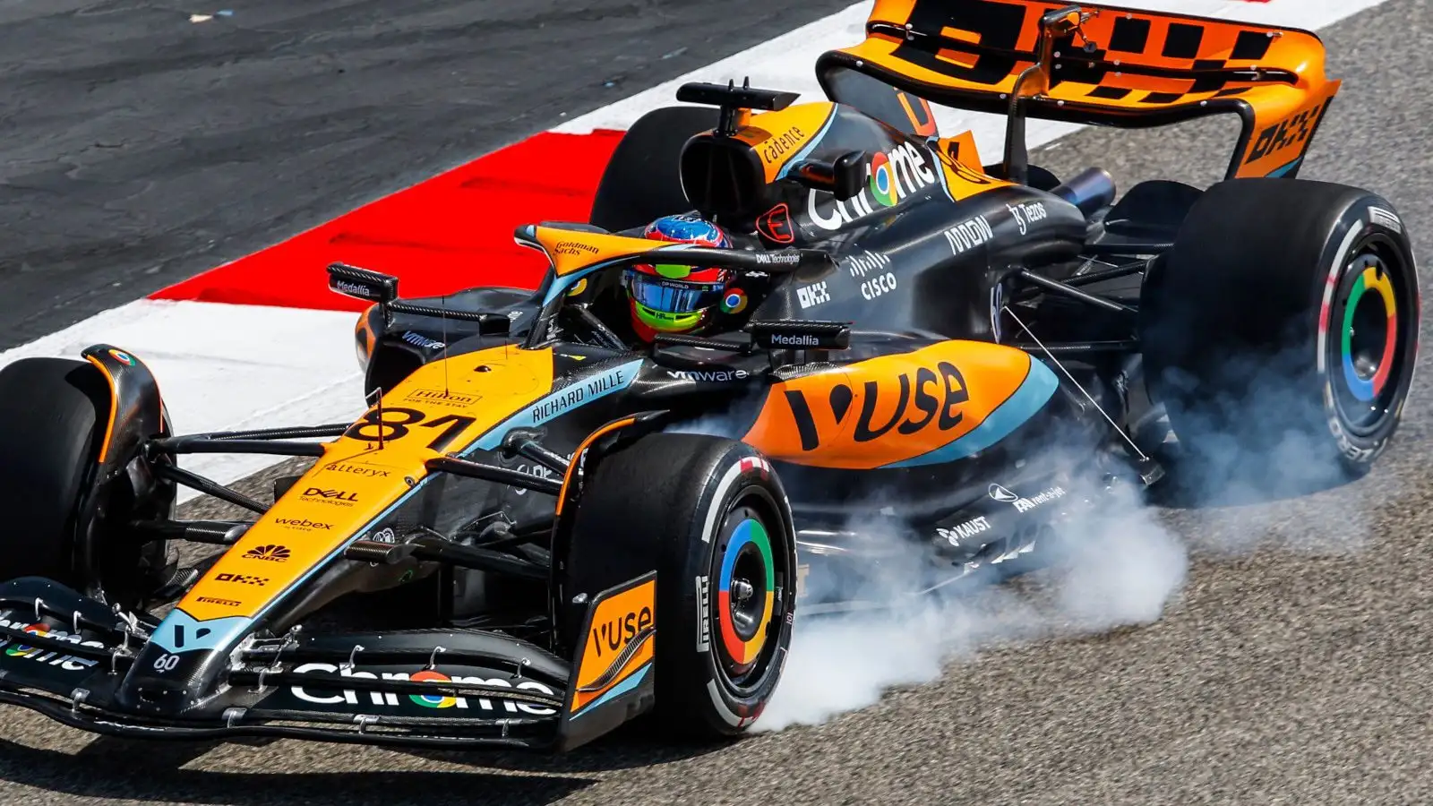 McLaren driver Oscar Piastri locks up. Bahrain February 2023