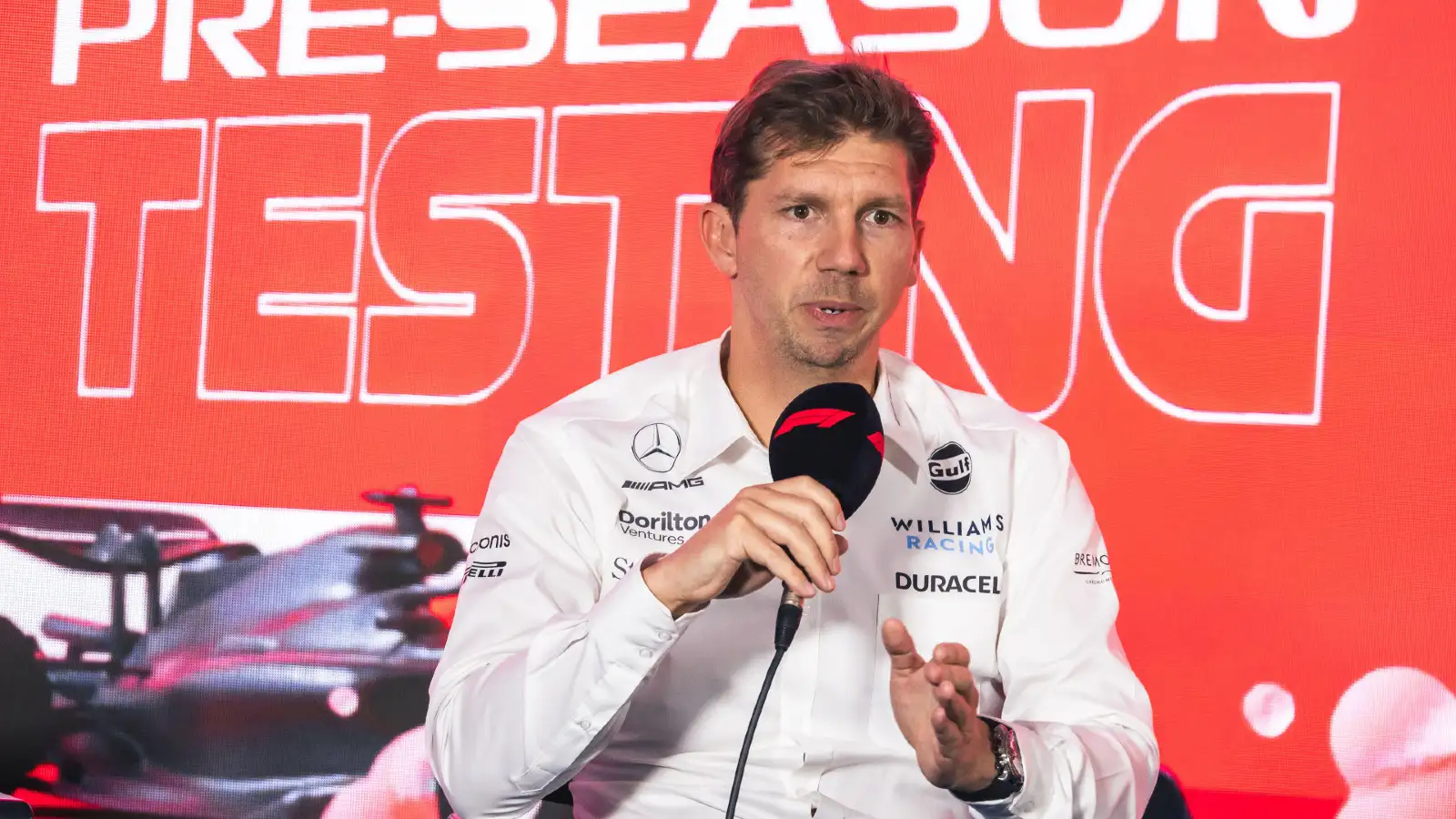 Williams team principal James Vowles speaking at Bahrain testing.