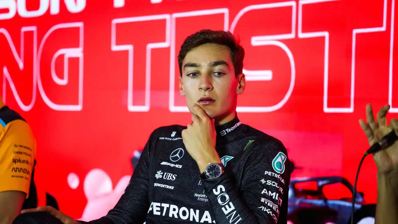 Mercedes driver George Russell in the press conference. Bahrain February 2023.