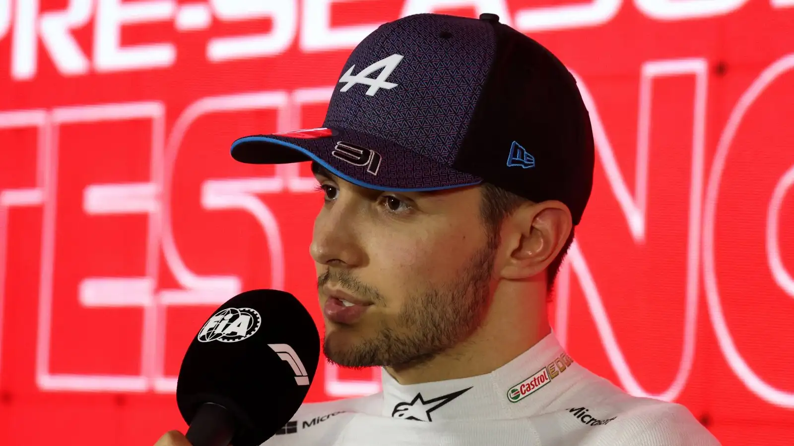 Esteban Ocon speaking during a press conference. Bahrain, February 2023.