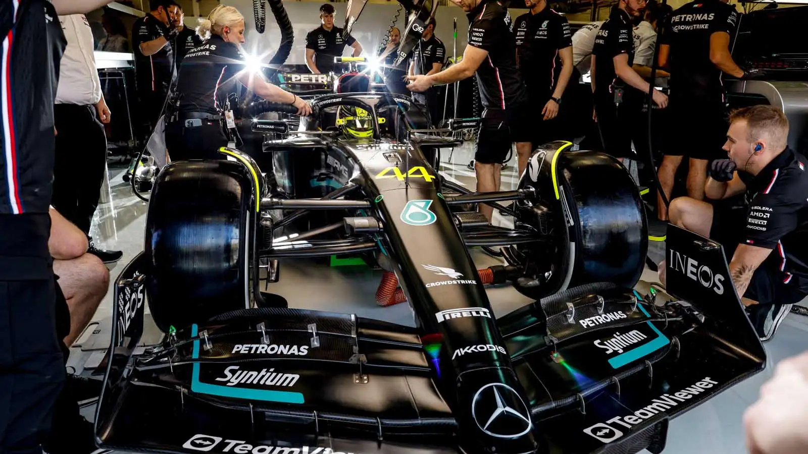 Lewis Hamilton in the Mercedes garage. Bahrain February 2023.