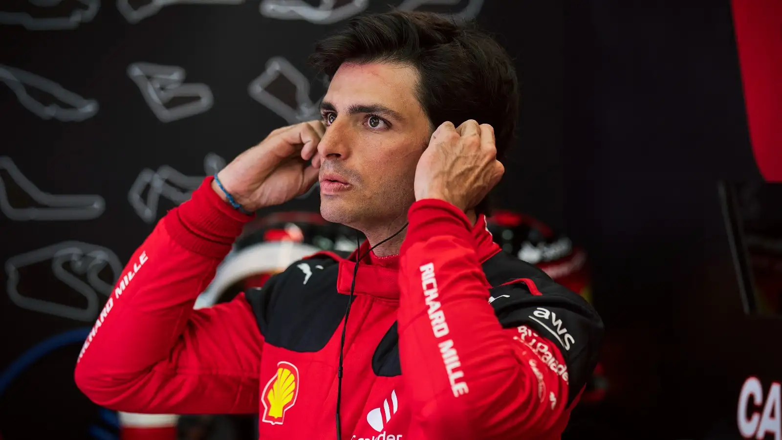 Carlos Sainz in the Ferrari garage during testing. Bahrain, February 2023.