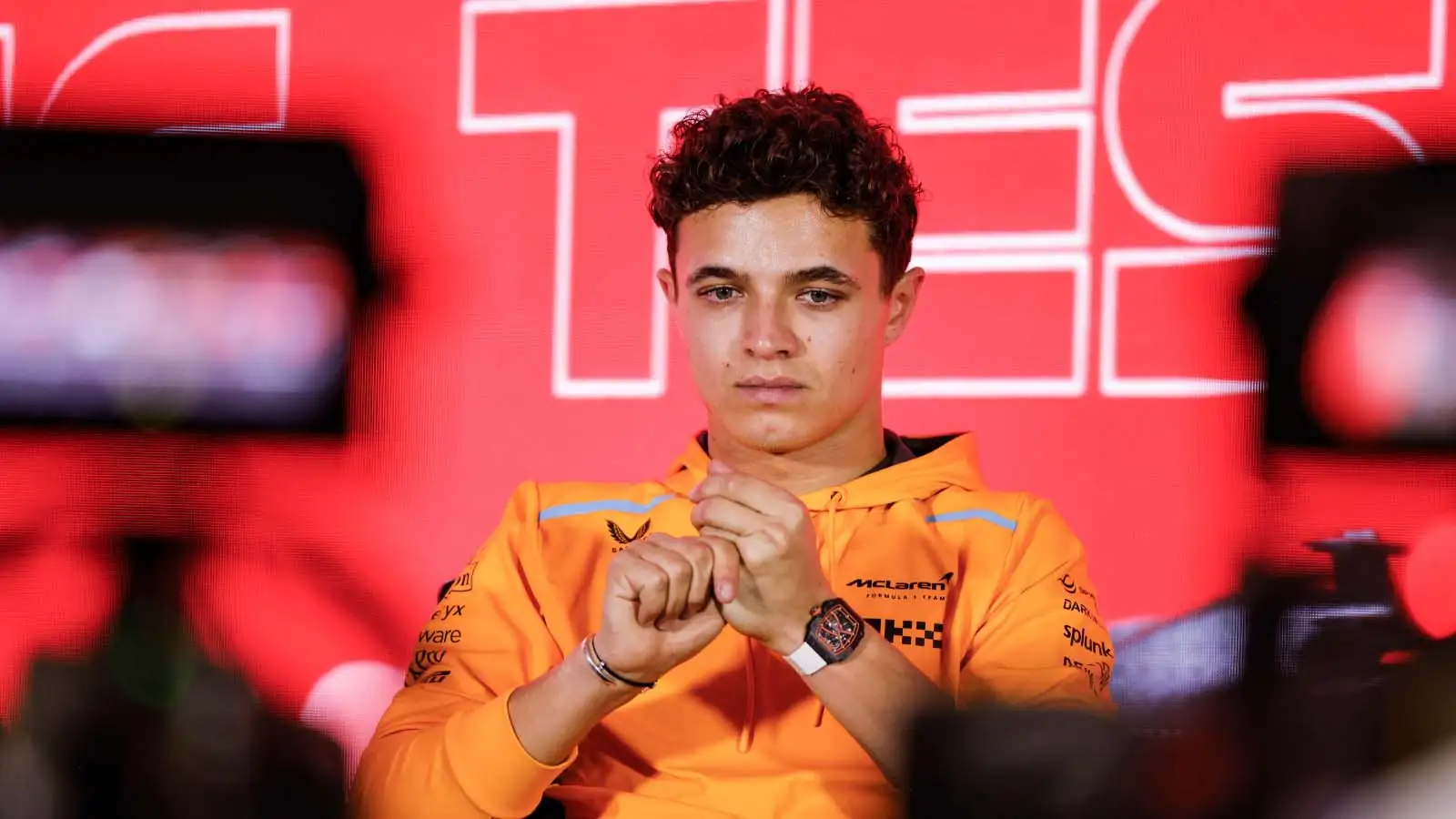 Lando Norris at a press conference. Bahrain February 2023.