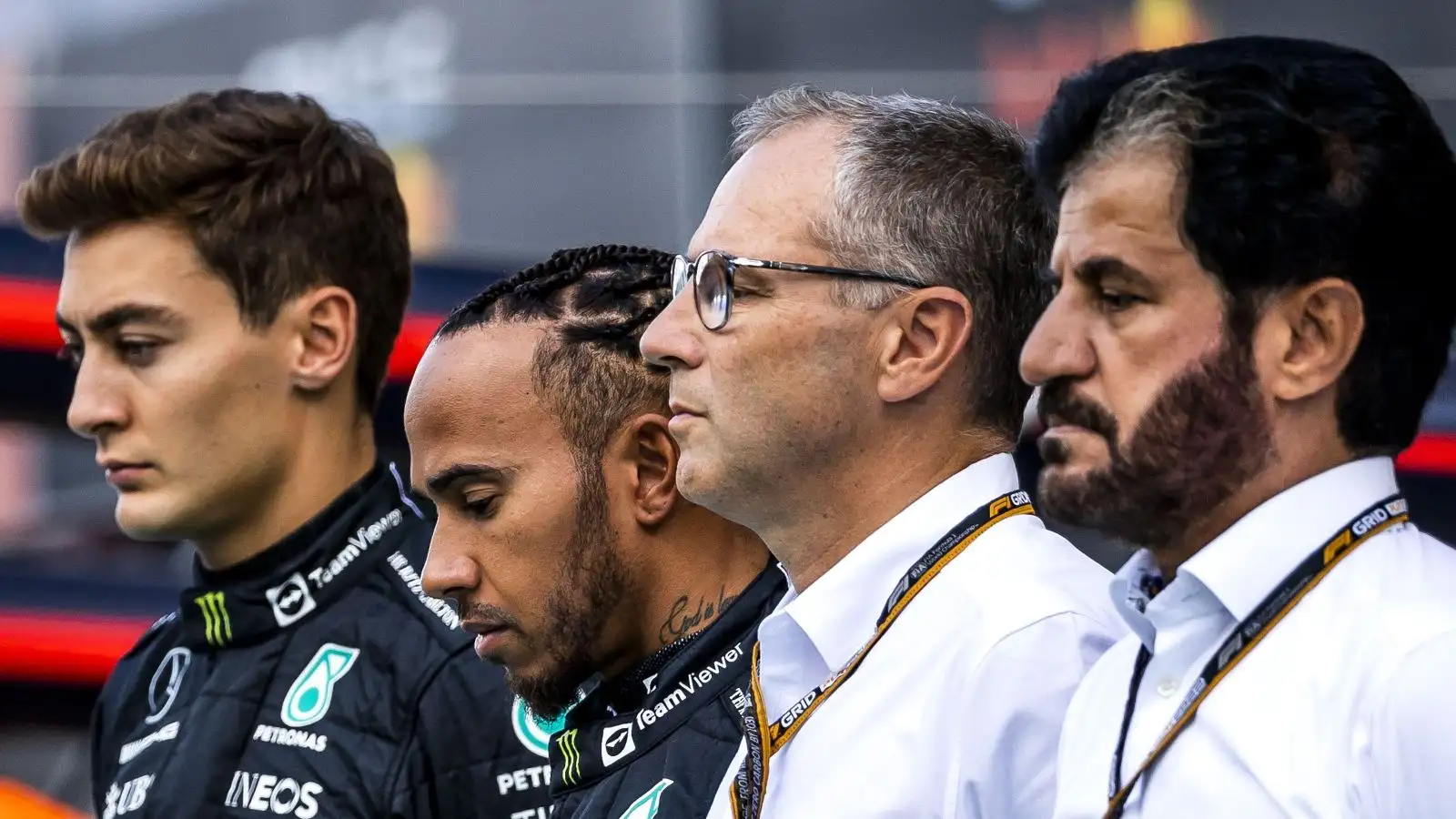 George Russell (Mercedes), Lewis Hamilton (Mercedes), Stefano Domenicali (F1) and Mohammed Ben Sulayem. F1 Monza, September 2022.