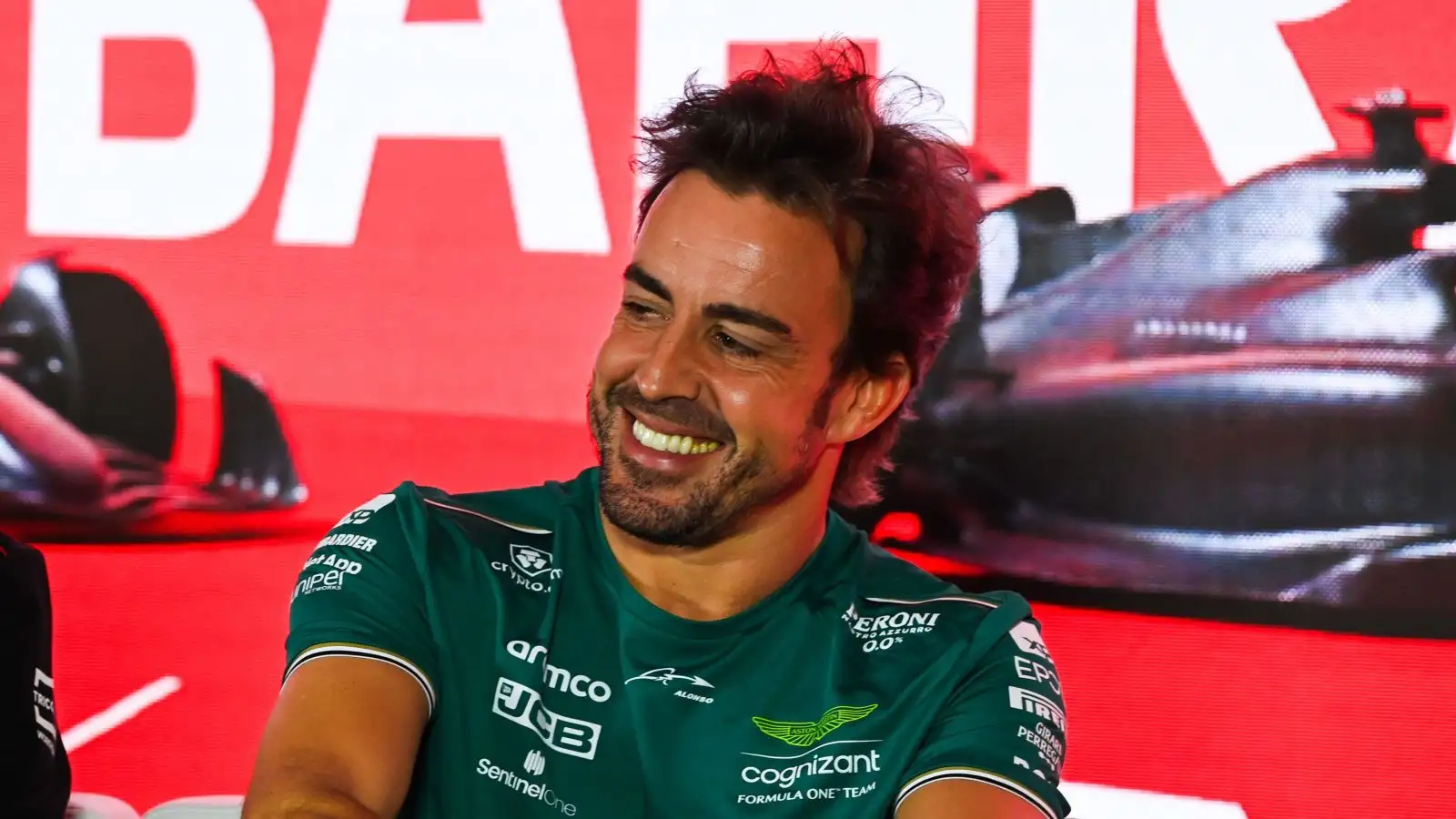 Fernando Alonso, Aston Martin, smiling. Bahrain, March 2023.