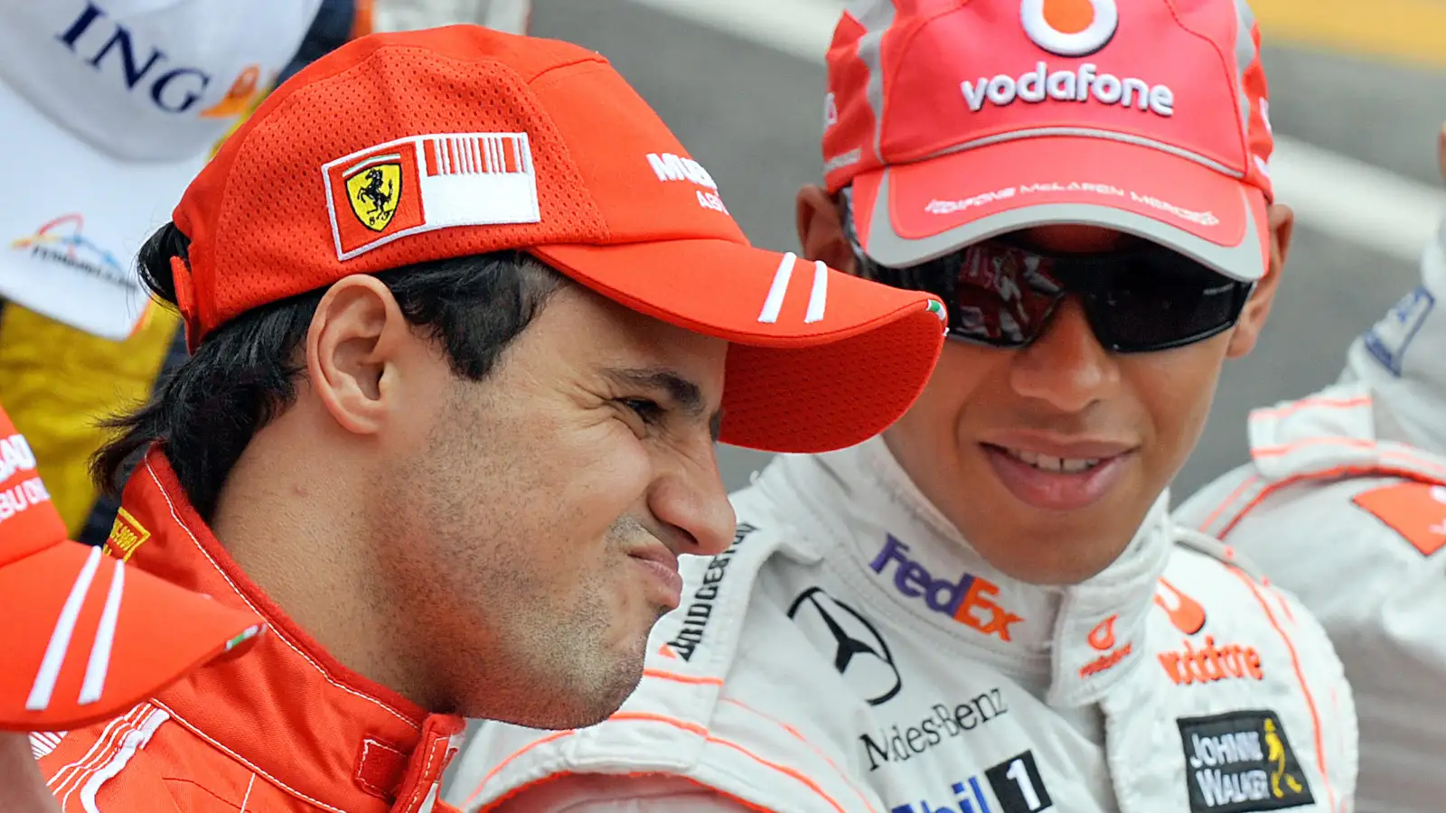 菲lipe Massa and Lewis Hamilton at the pre race photo call for the 2008 finale. Brazil November 2008