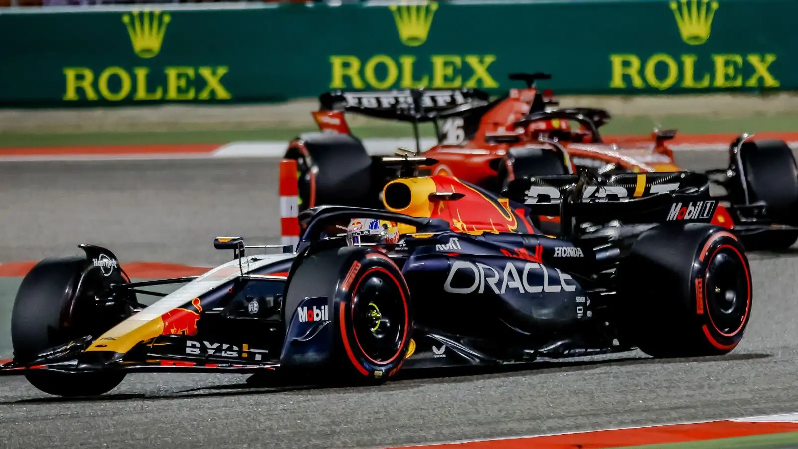 Ferrari's Charles Leclerc trails Red Bull's Max Verstappen in Bahrain.