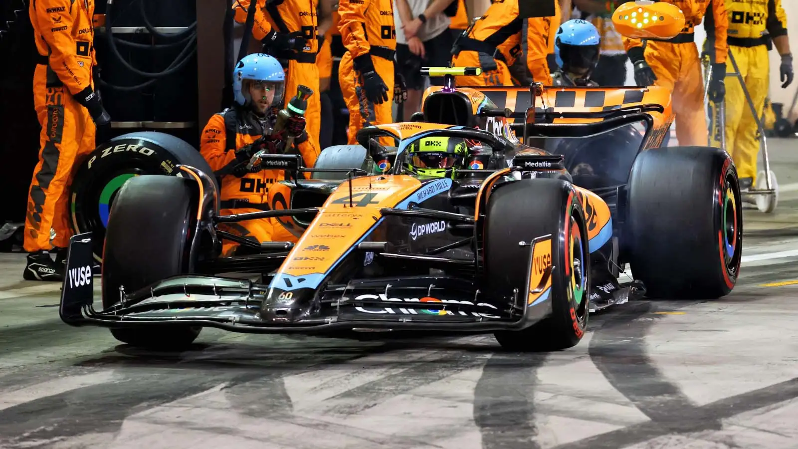 Lando Norris leaves the McLaren pit box. Bahrain March 2023.