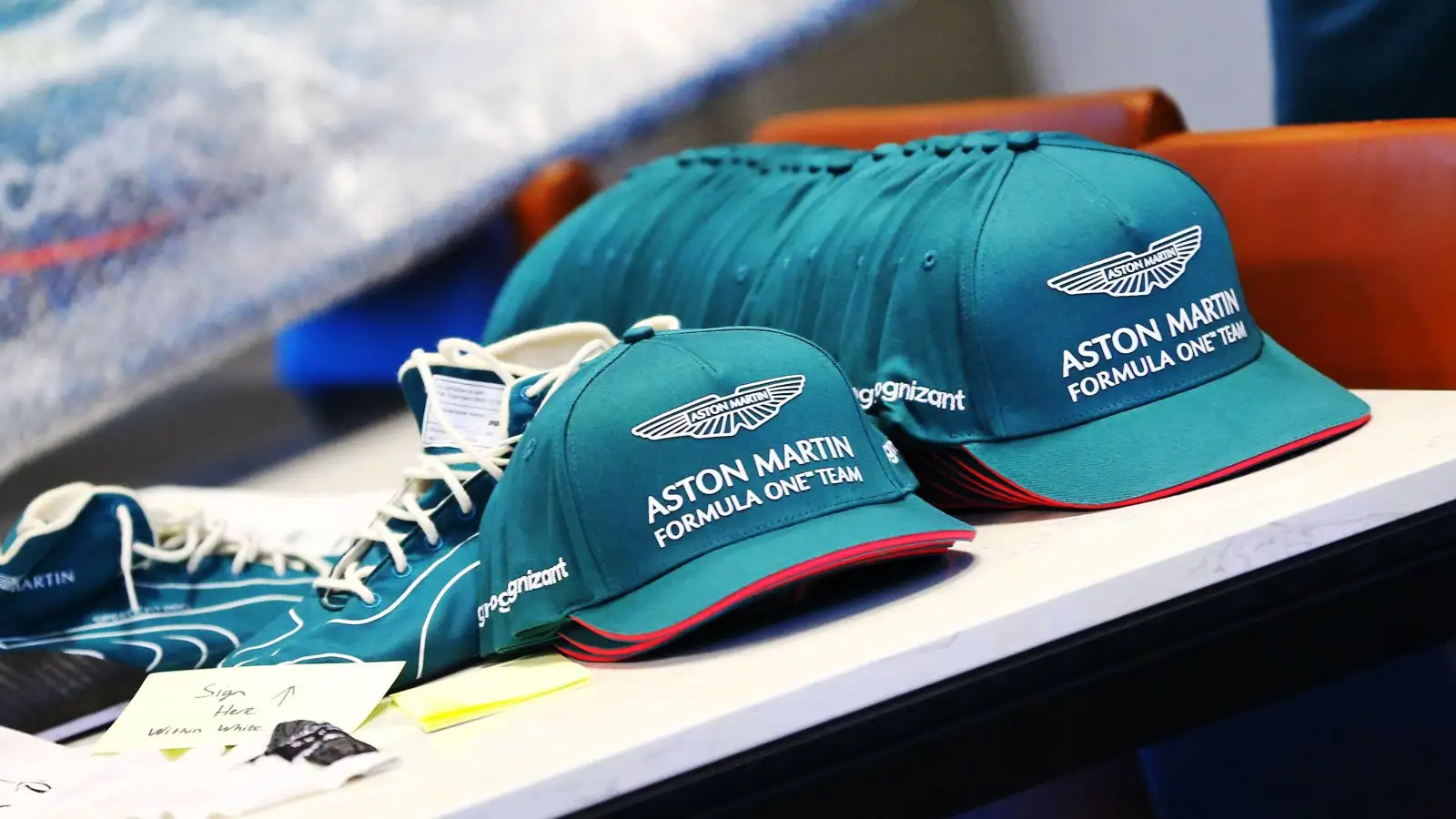 Aston Martin Formula 1 hats on a table. Sao Paulo, November 2021.