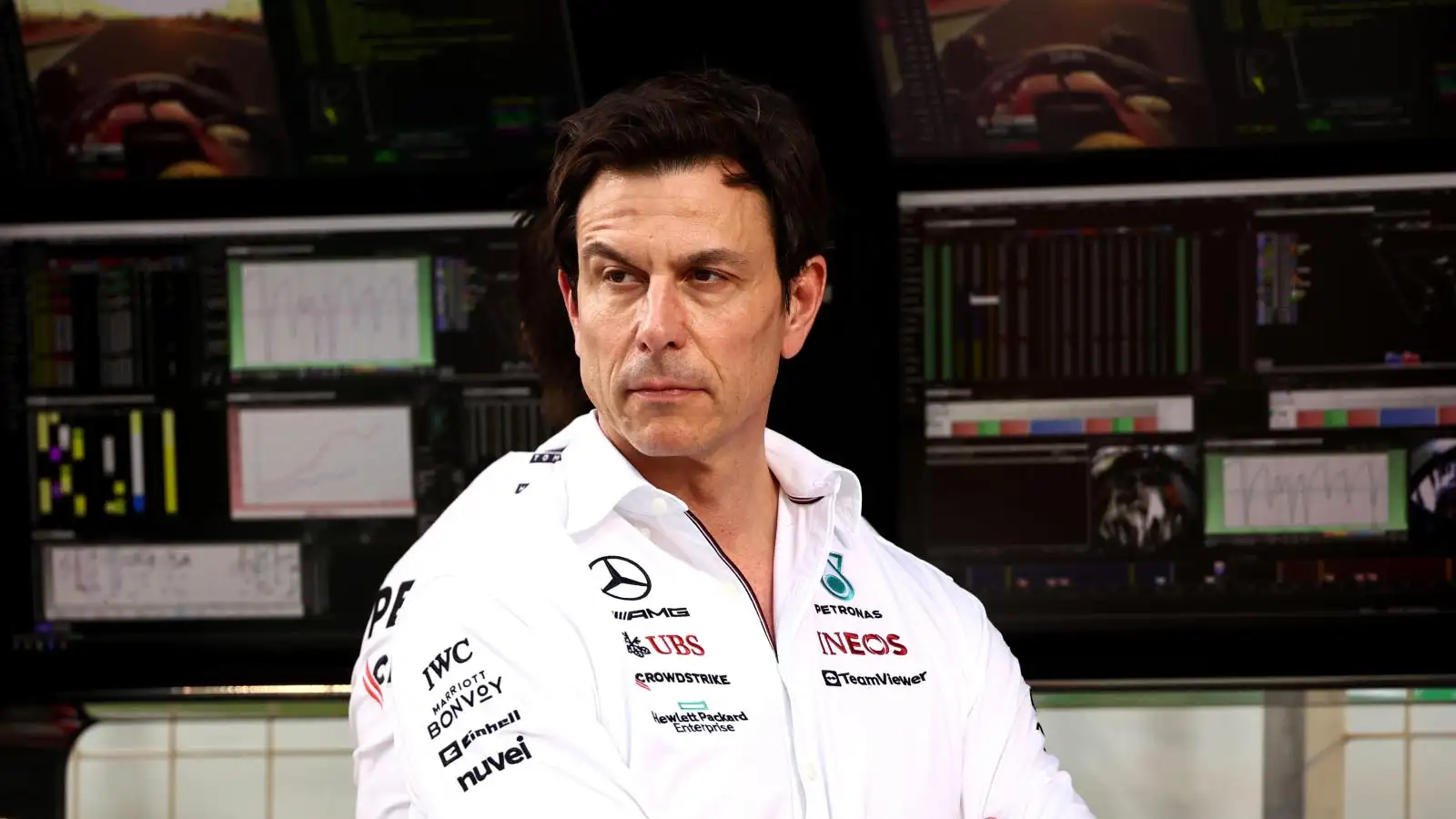 Mercedes team principal Toto Wolff on the pit wall. Bahrain February 2023.