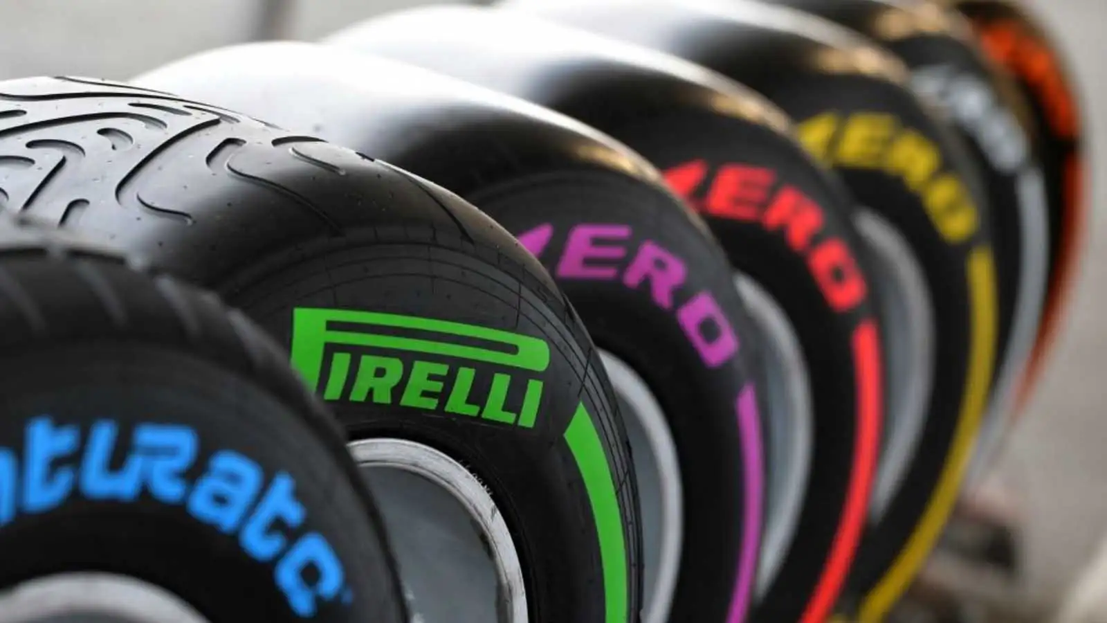Pirelli F1 tyres lined up. 2018.