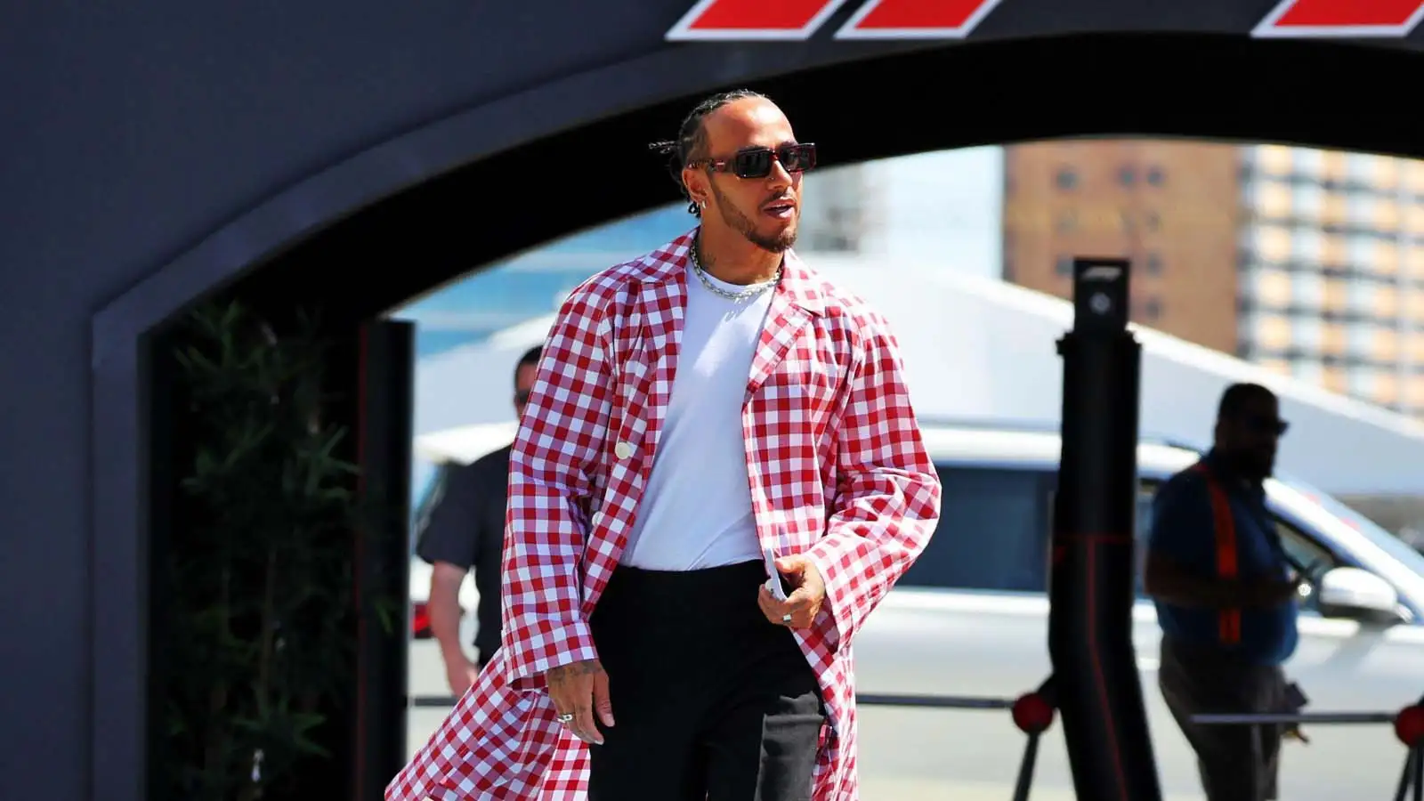 Mercedes driver Lewis Hamilton arrives at the track ahead of media day in Saudi Arabia.