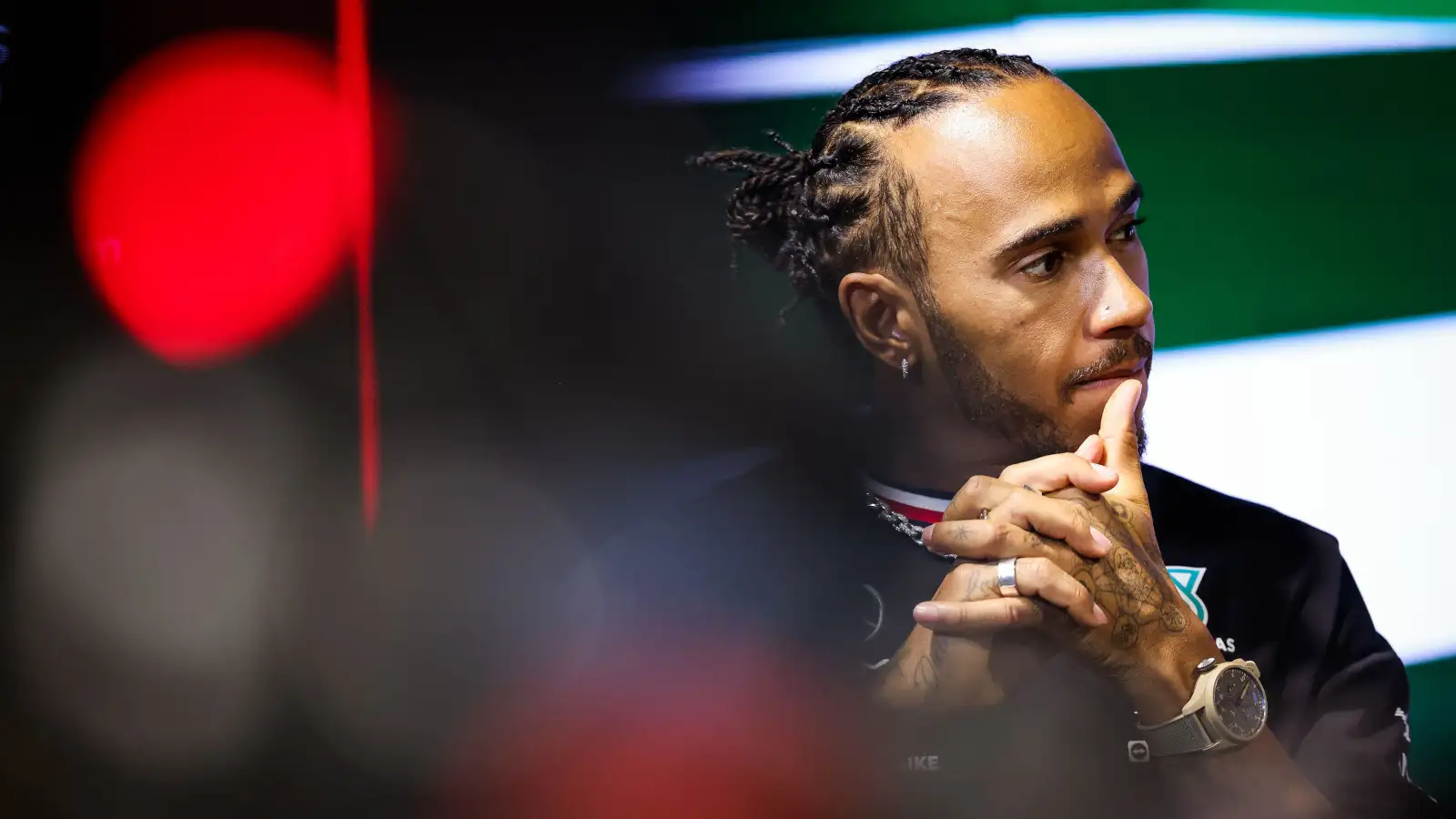 lewis Hamilton pensive in a press conference. Saudi Arabia March 2023