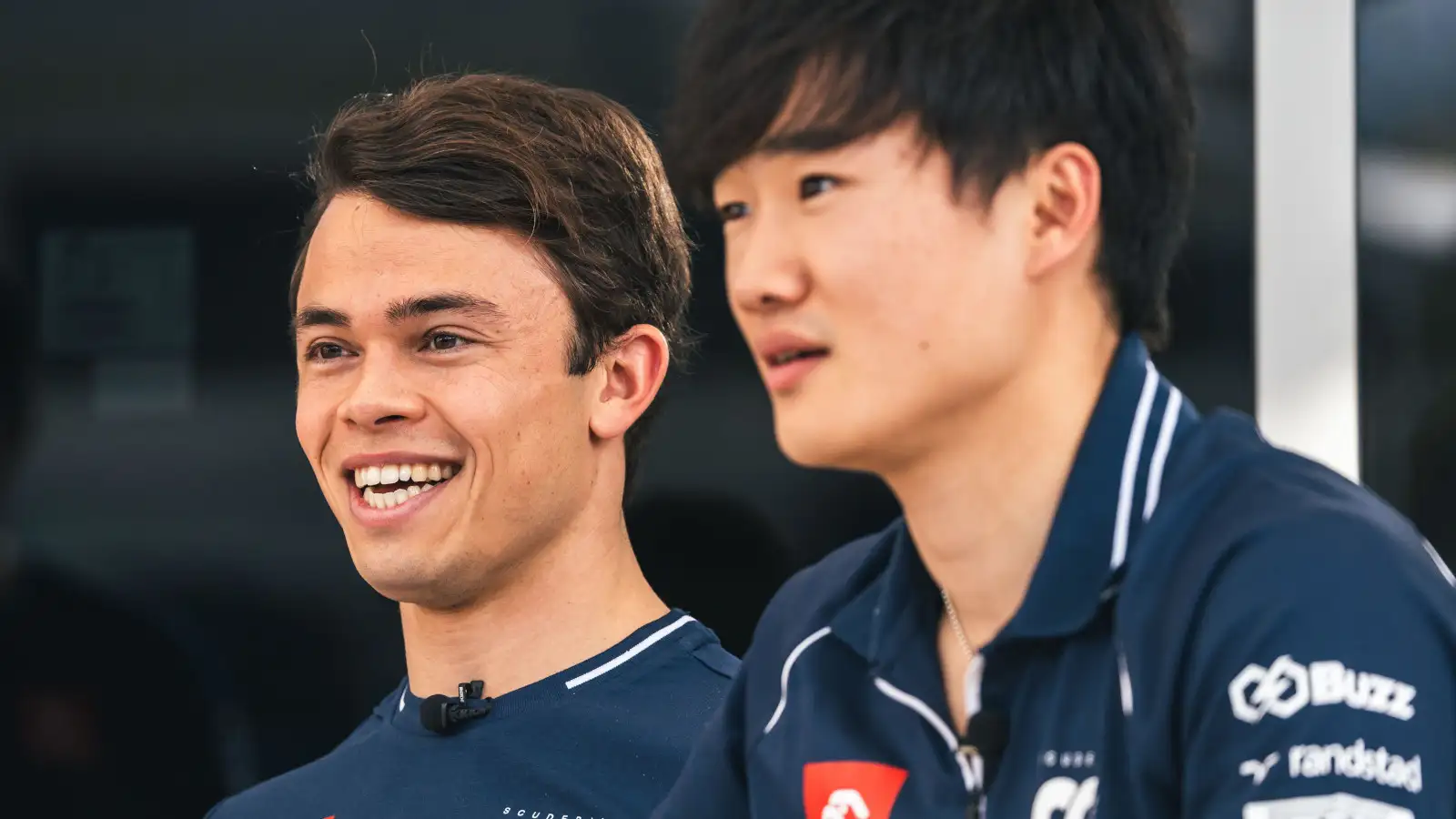 Nyck de Vries and his AlphaTauri team-mate Yuki Tsunoda smiling. Bahrain February 2023