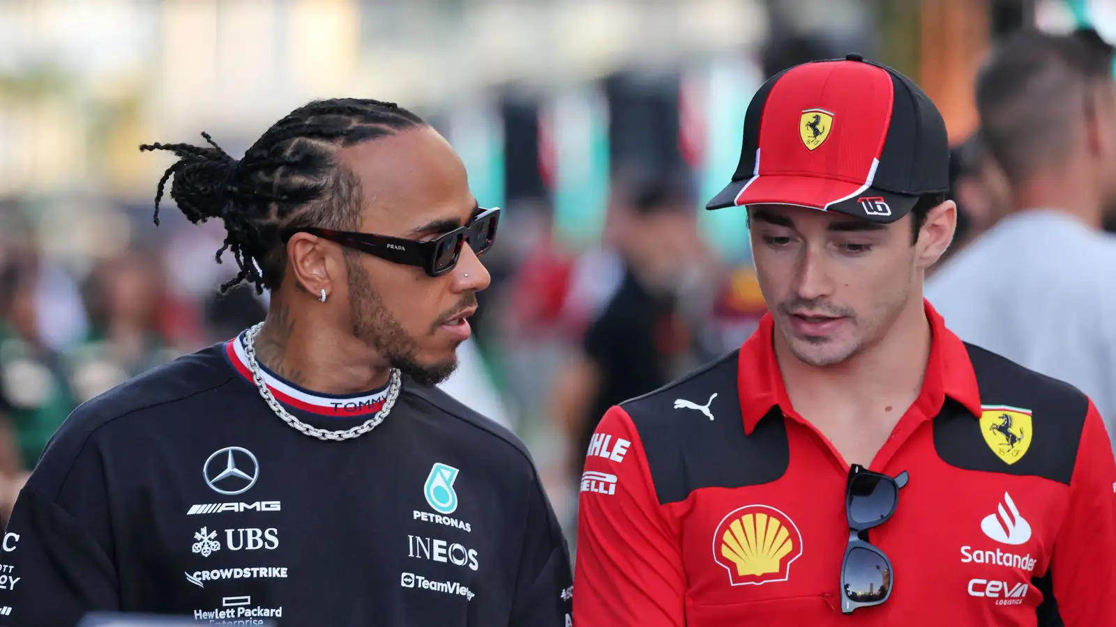 Lewis Hamilton speaking with Charles Leclerc. Saudi Arabia March 2023
