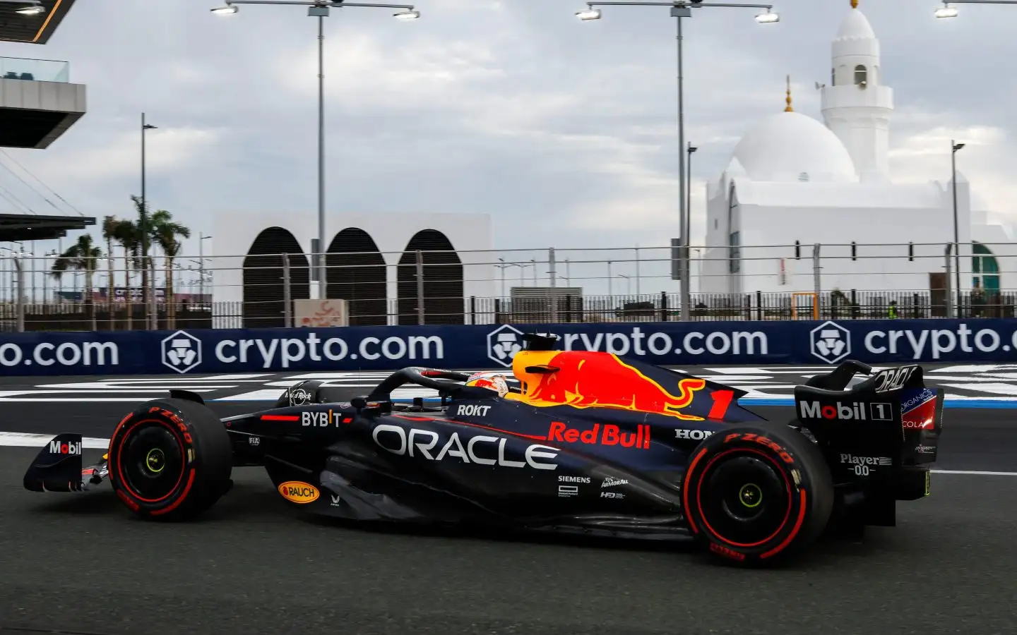 Red Bull's Max Verstappen on track at the Saudi Arabian Grand Prix. Jeddah, March 2023.