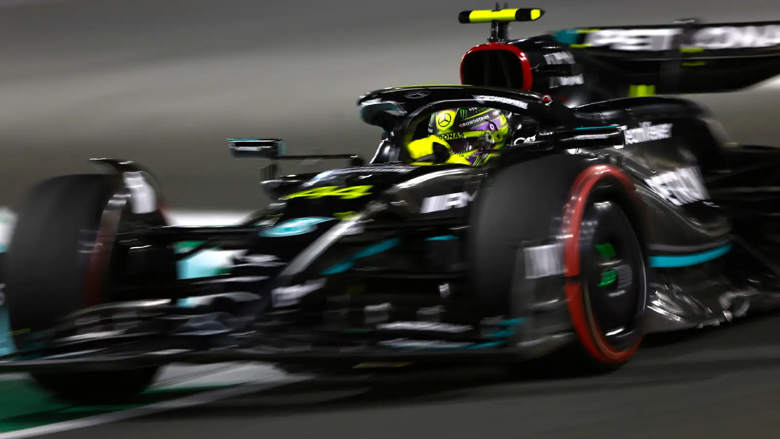 Mercedes' Lewis Hamilton on track at the Saudi Arabian Grand Prix. Jeddah, March 2023.