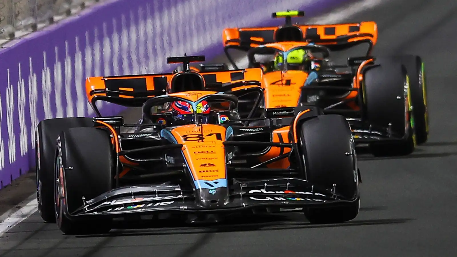 Oscar Piastri leads McLaren team-mate Lando Norris in the grand prix. Saudi Arabia March 2023