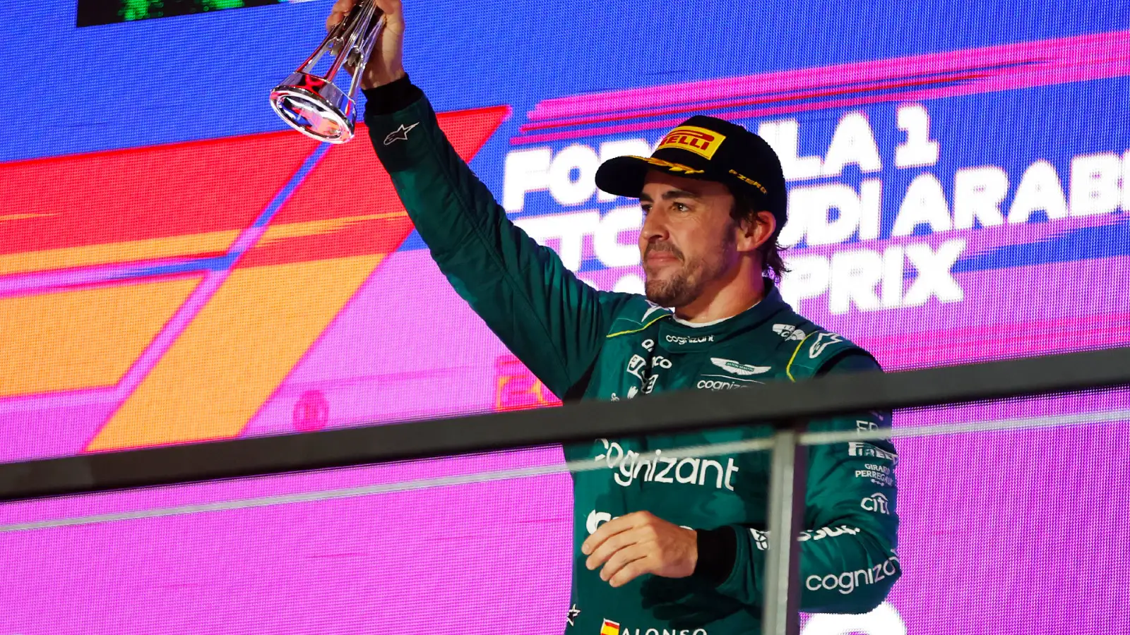 Aston Martin's Fernando Alonso celebrates third place at the Saudi Arabian Grand Prix. Jeddah, March 2023.