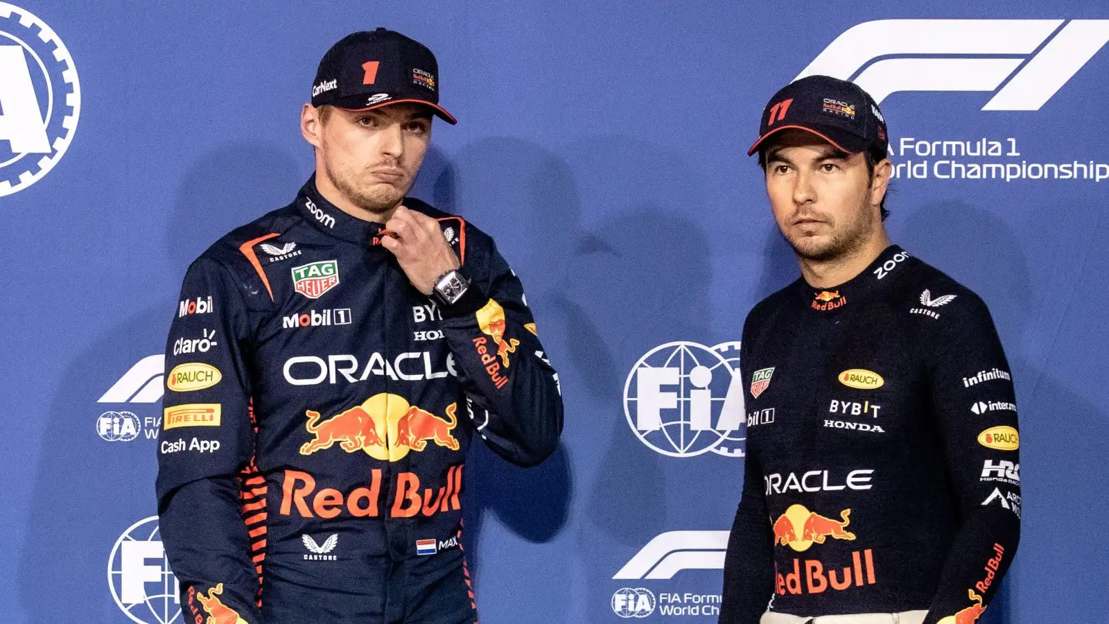 Red Bull duo Max Verstappen and Sergio Perez, neither happy. Bahrain March 2023
