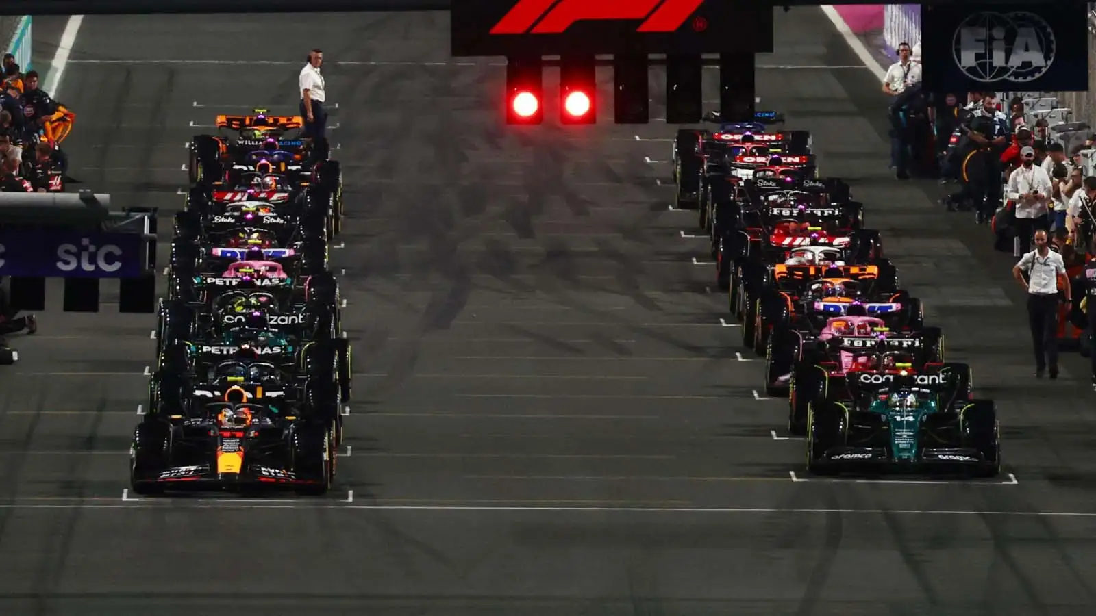 Sergio Perez prepares to lead the field on its formation lap ahead of the 2023 Saudi Arabian Grand Prix.