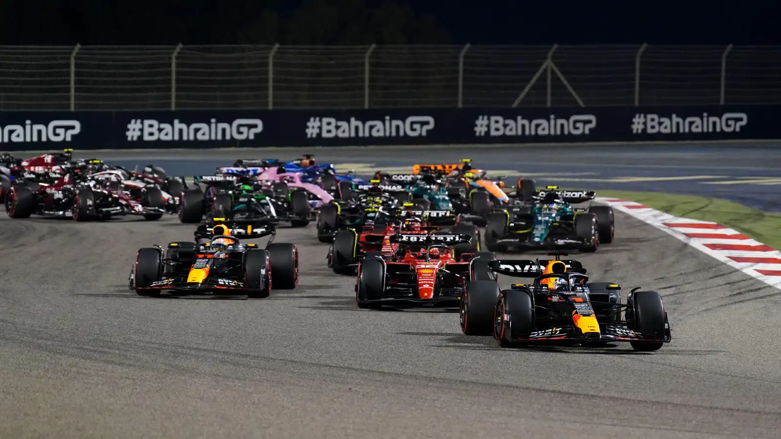 Max Verstappen leads at the start of the 2023 Bahrain Grand Prix. Sakhir, March 2023. Budget cap.