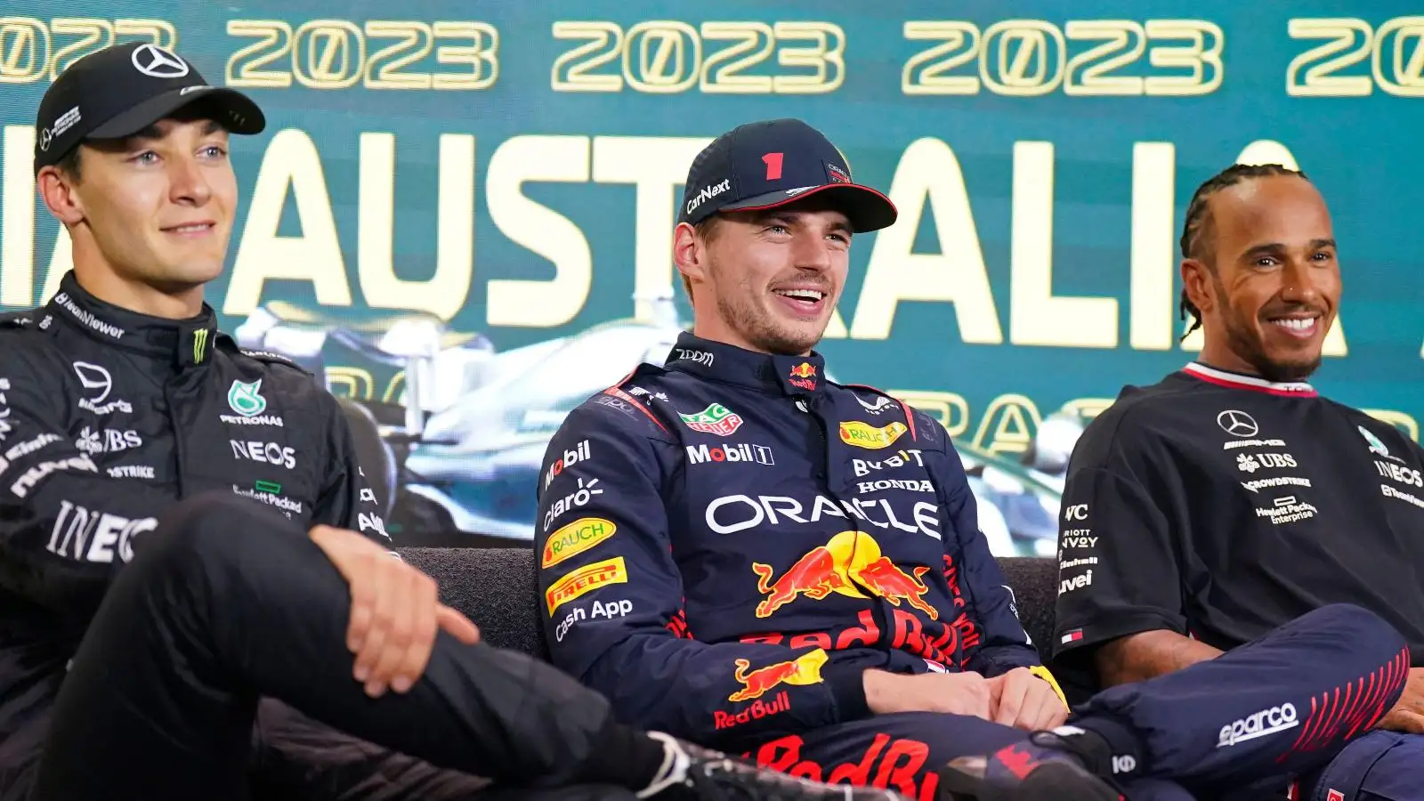 George Russell, Max Verstappen and Lewis Hamilton. Melbourne, Australia. April 2023.