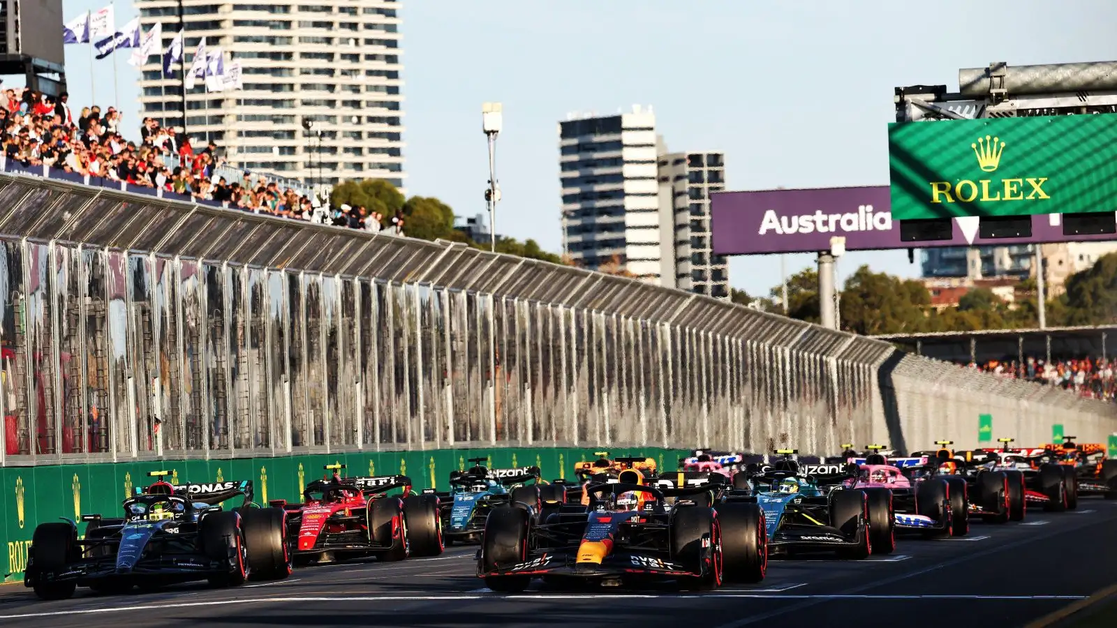 Red Bull driver Max Verstappen leads away at the Australian Grand Prix. F1 Melbourne, April 2023.