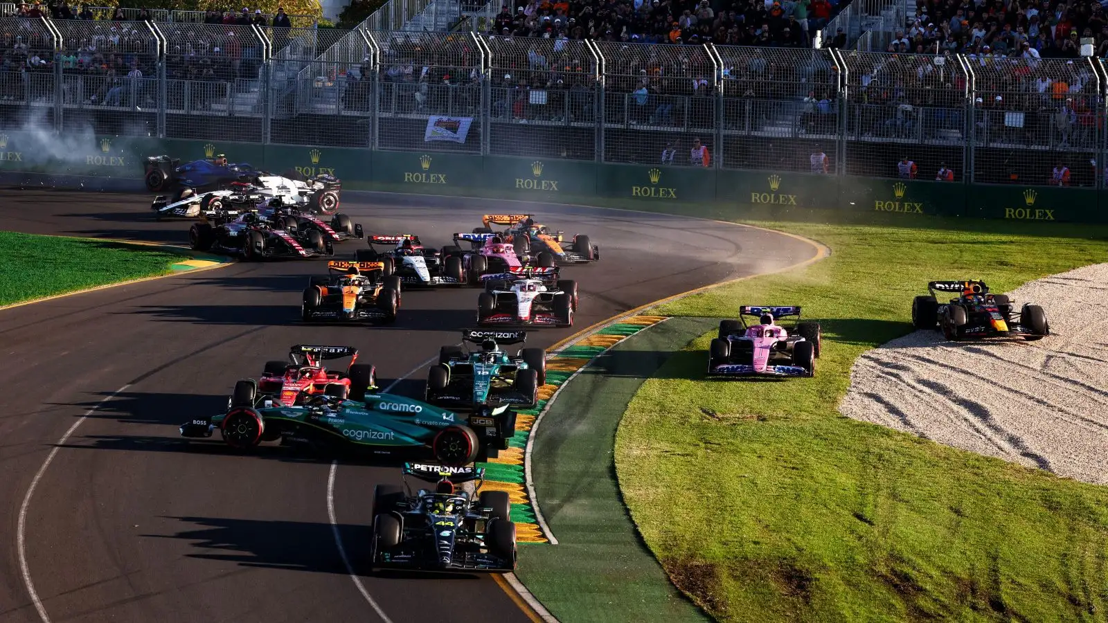 Aston Martin driver Fernando Alonso spun at the Australian GP restart. April 2023.